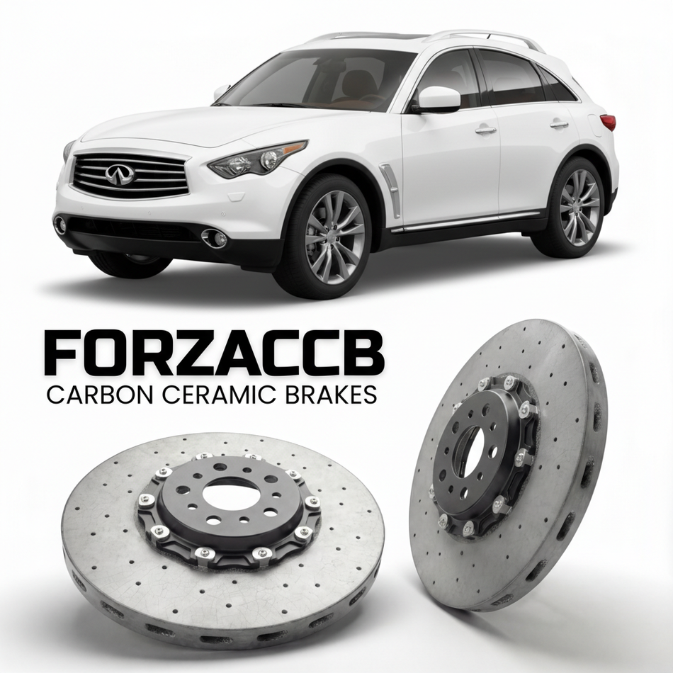 ForzaCCB direct OEM replacement carbon ceramic brake rotors for 2010 to 2017 Infiniti QX70 S51 models, shown with a white Infiniti QX70 car.