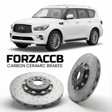 ForzaCCB direct OEM replacement carbon ceramic brake rotors for 2014 to 2024 Infiniti QX80 Z62 models, shown with a white Infiniti QX80 car.