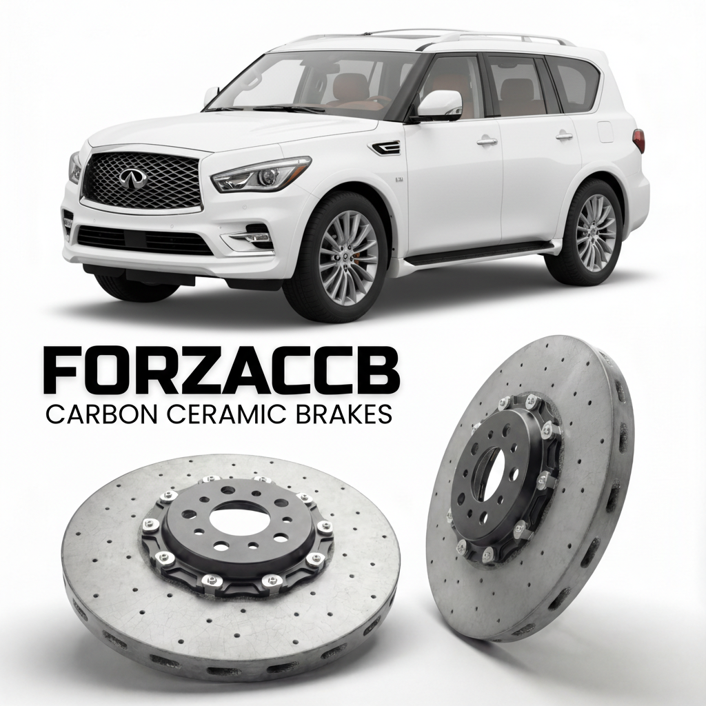ForzaCCB direct OEM replacement carbon ceramic brake rotors for 2014 to 2024 Infiniti QX80 Z62 models, shown with a white Infiniti QX80 car.