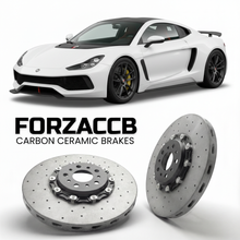 ForzaCCB direct OEM replacement carbon ceramic brake rotors for 2013 to 2026 Praga R1 models, shown with a white Praga R1 car.