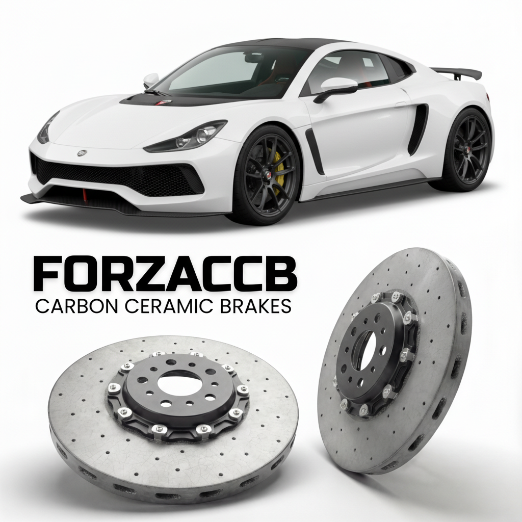 ForzaCCB direct OEM replacement carbon ceramic brake rotors for 2013 to 2026 Praga R1 models, shown with a white Praga R1 car.