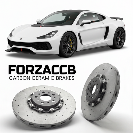 ForzaCCB direct OEM replacement carbon ceramic brake rotors for 2013 to 2026 Praga R1 models, shown with a white Praga R1 car.