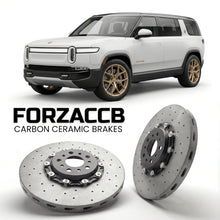 ForzaCCB direct OEM replacement carbon ceramic brake rotors for 2022 and newer Rivian R1S models, shown with a white Rivian R1S car.
