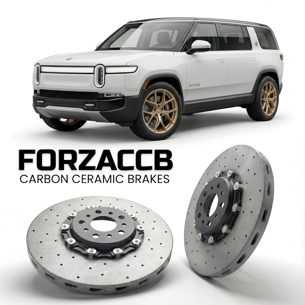 ForzaCCB direct OEM replacement carbon ceramic brake rotors for 2022 and newer Rivian R1S models, shown with a white Rivian R1S car.