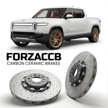 ForzaCCB direct OEM replacement carbon ceramic brake rotors for 2021 and newer Rivian R1T models, shown with a white Rivian R1T car.