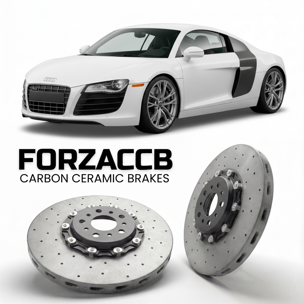 ForzaCCB direct OEM replacement carbon ceramic brake rotors for 2006 to 2015 Audi R8 Type 42 models, shown with a white Audi R8 car.