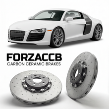 ForzaCCB direct OEM replacement carbon ceramic brake rotors for 2006 to 2015 Audi R8 Type 42 models, shown with a white Audi R8 car.