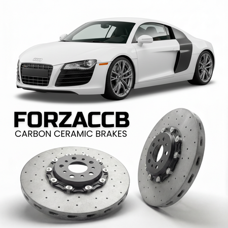 ForzaCCB direct OEM replacement carbon ceramic brake rotors for 2006 to 2015 Audi R8 Type 42 models, shown with a white Audi R8 car.