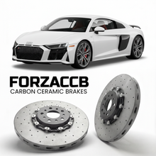 ForzaCCB direct OEM replacement carbon ceramic brake rotors for 2015 to 2024 Audi R8 Type 4S models, shown with a white Audi R8 car.