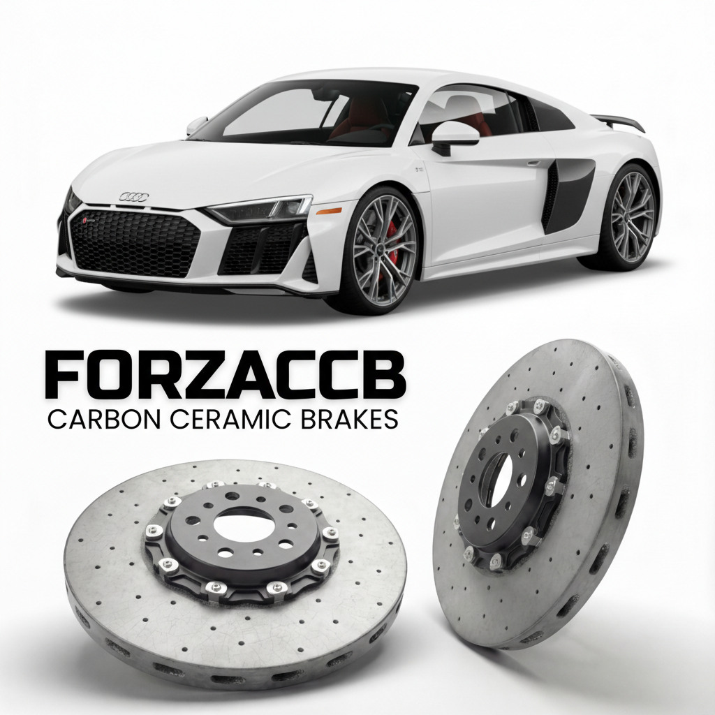 ForzaCCB direct OEM replacement carbon ceramic brake rotors for 2015 to 2024 Audi R8 Type 4S models, shown with a white Audi R8 car.