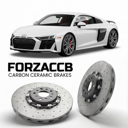 ForzaCCB direct OEM replacement carbon ceramic brake rotors for 2015 to 2024 Audi R8 Type 4S models, shown with a white Audi R8 car.