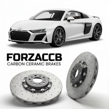 ForzaCCB direct OEM replacement carbon ceramic brake rotors for 2017 to 2024 Audi R8 Type 4S models, shown with a white Audi R8 car.
