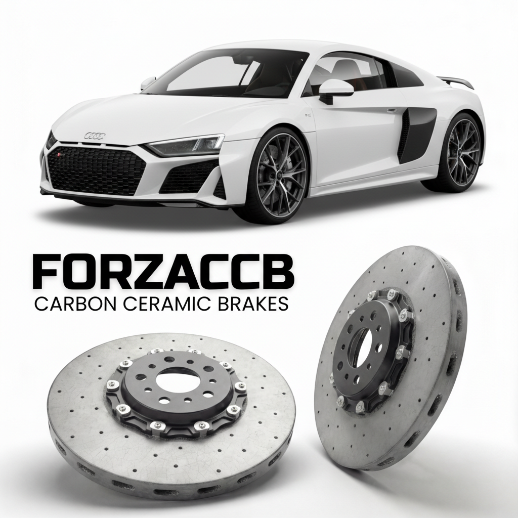 ForzaCCB direct OEM replacement carbon ceramic brake rotors for 2017 to 2024 Audi R8 Type 4S models, shown with a white Audi R8 car.