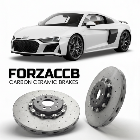 ForzaCCB direct OEM replacement carbon ceramic brake rotors for 2017 to 2024 Audi R8 Type 4S models, shown with a white Audi R8 car.