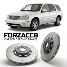 ForzaCCB direct OEM replacement carbon ceramic brake rotors for 2005 to 2007 Buick Rainier GMT 360 models, shown with a white Buick Rainier car.