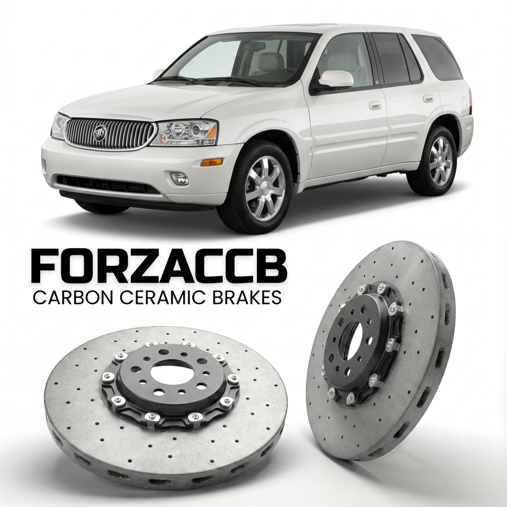 ForzaCCB direct OEM replacement carbon ceramic brake rotors for 2005 to 2007 Buick Rainier GMT 360 models, shown with a white Buick Rainier car.