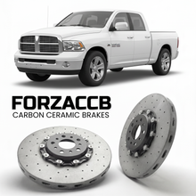 ForzaCCB direct OEM replacement carbon ceramic brake rotors for 2005-2009) Dodge RAM 1500 III (DR/DH models, shown with a white Dodge RAM car.