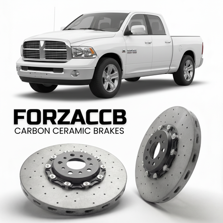 ForzaCCB direct OEM replacement carbon ceramic brake rotors for 2005-2009) Dodge RAM 1500 III (DR/DH models, shown with a white Dodge RAM car.