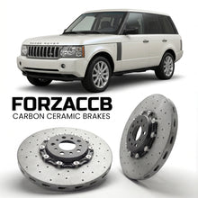 ForzaCCB direct OEM replacement carbon ceramic brake rotors for 2005 to 2005 Land Rover Range Rover III models, shown with a white Land Rover Range Rover car.