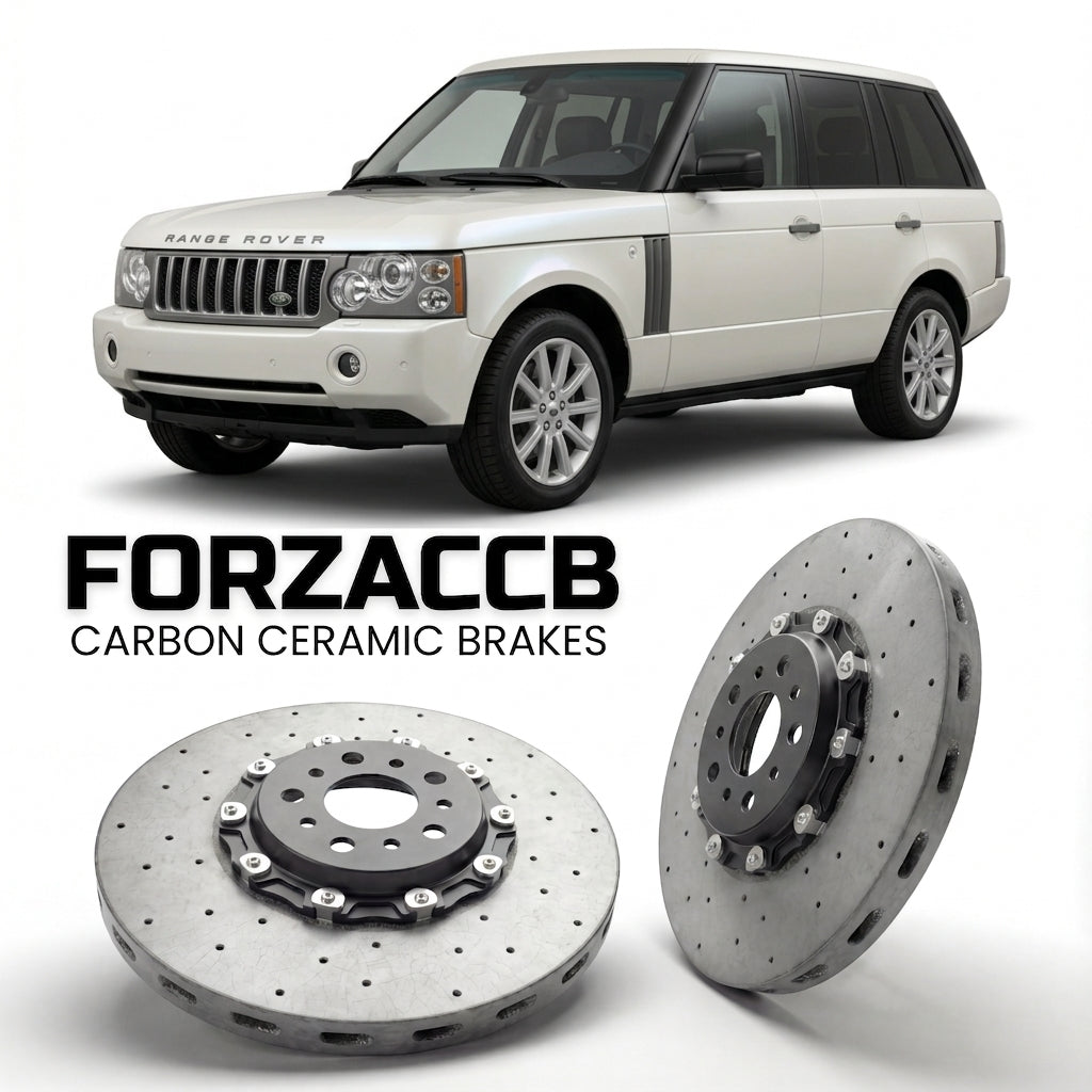 ForzaCCB direct OEM replacement carbon ceramic brake rotors for 2005 to 2005 Land Rover Range Rover III models, shown with a white Land Rover Range Rover car.