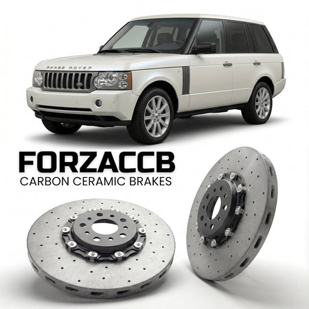 ForzaCCB direct OEM replacement carbon ceramic brake rotors for 2005 to 2005 Land Rover Range Rover III models, shown with a white Land Rover Range Rover car.