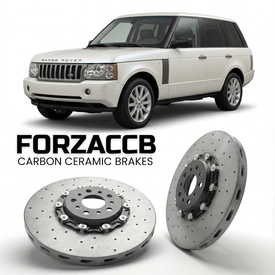 ForzaCCB direct OEM replacement carbon ceramic brake rotors for 2005 to 2005 Land Rover Range Rover III models, shown with a white Land Rover Range Rover car.