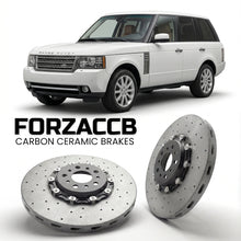 ForzaCCB direct OEM replacement carbon ceramic brake rotors for 2005-2009) Land Rover Range Rover III (facelift 2005 models, shown with a white Land Rover Range Rover car.