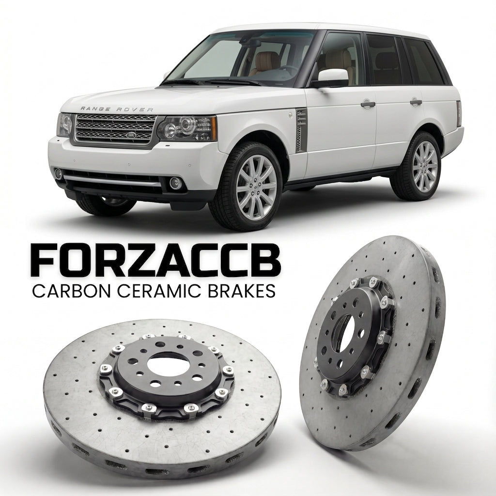 ForzaCCB direct OEM replacement carbon ceramic brake rotors for 2005-2009) Land Rover Range Rover III (facelift 2005 models, shown with a white Land Rover Range Rover car.