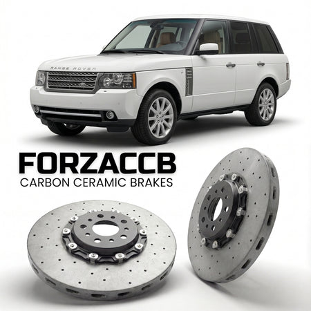 ForzaCCB direct OEM replacement carbon ceramic brake rotors for 2005-2009) Land Rover Range Rover III (facelift 2005 models, shown with a white Land Rover Range Rover car.