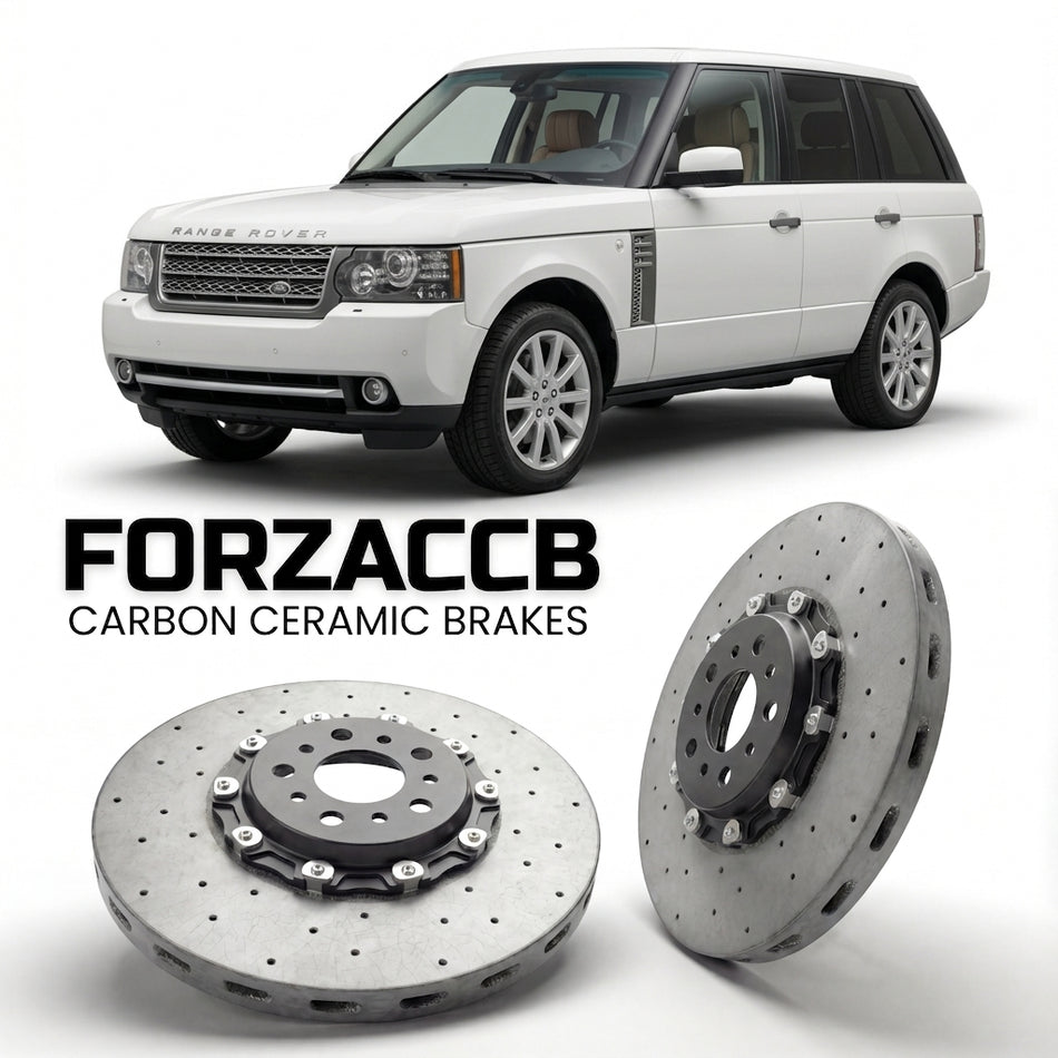 ForzaCCB direct OEM replacement carbon ceramic brake rotors for 2005-2009) Land Rover Range Rover III (facelift 2005 models, shown with a white Land Rover Range Rover car.