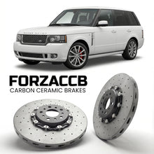 ForzaCCB direct OEM replacement carbon ceramic brake rotors for 2009-2012) Land Rover Range Rover III (facelift 2009 models, shown with a white Land Rover Range Rover car.