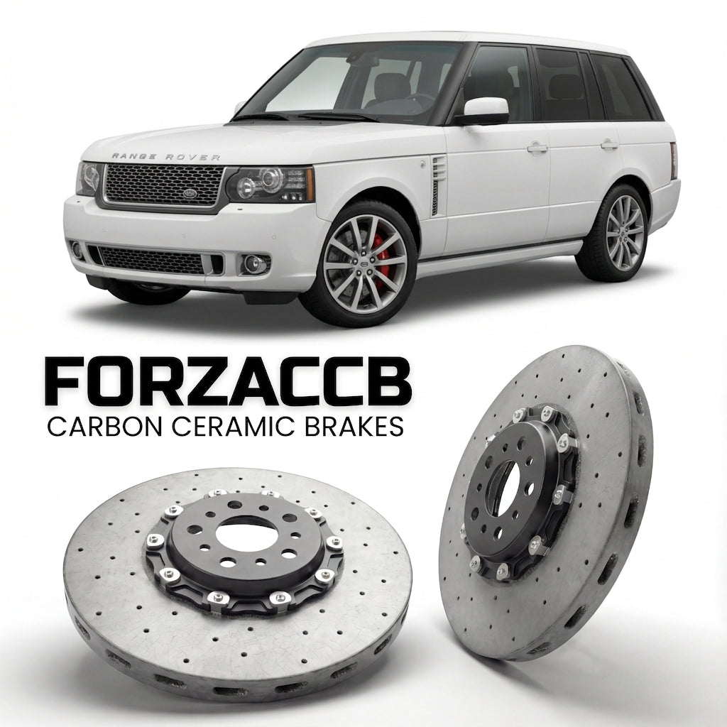 ForzaCCB direct OEM replacement carbon ceramic brake rotors for 2009-2012) Land Rover Range Rover III (facelift 2009 models, shown with a white Land Rover Range Rover car.