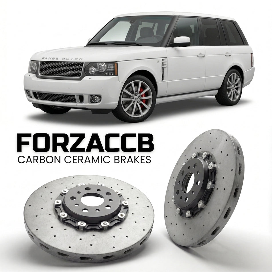 ForzaCCB direct OEM replacement carbon ceramic brake rotors for 2009-2012) Land Rover Range Rover III (facelift 2009 models, shown with a white Land Rover Range Rover car.