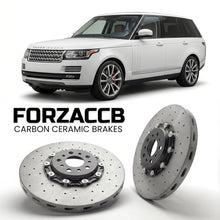 ForzaCCB direct OEM replacement carbon ceramic brake rotors for 2012 to 2017 Land Rover Range Rover IV models, shown with a white Land Rover Range Rover car.
