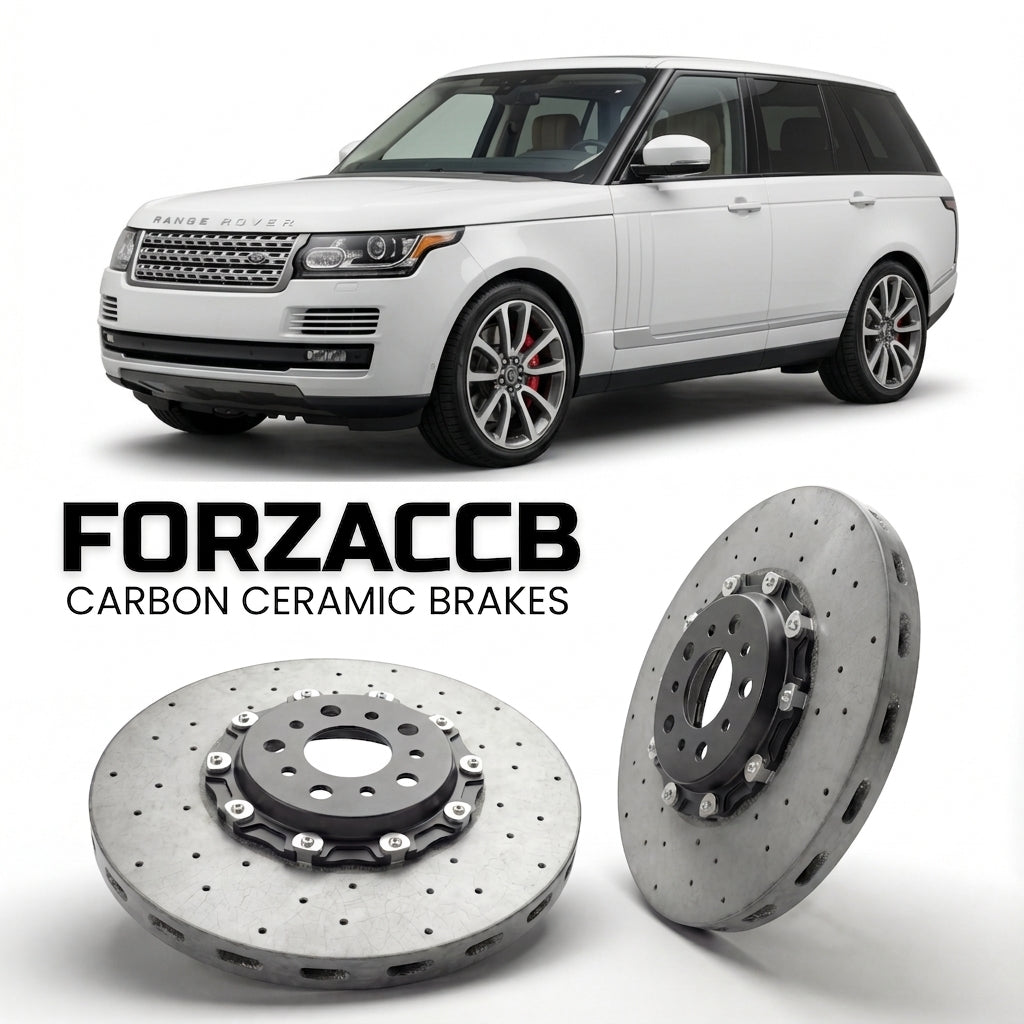 ForzaCCB direct OEM replacement carbon ceramic brake rotors for 2012 to 2017 Land Rover Range Rover IV models, shown with a white Land Rover Range Rover car.