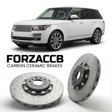 ForzaCCB direct OEM replacement carbon ceramic brake rotors for 2012 to 2017 Land Rover Range Rover IV models, shown with a white Land Rover Range Rover car.