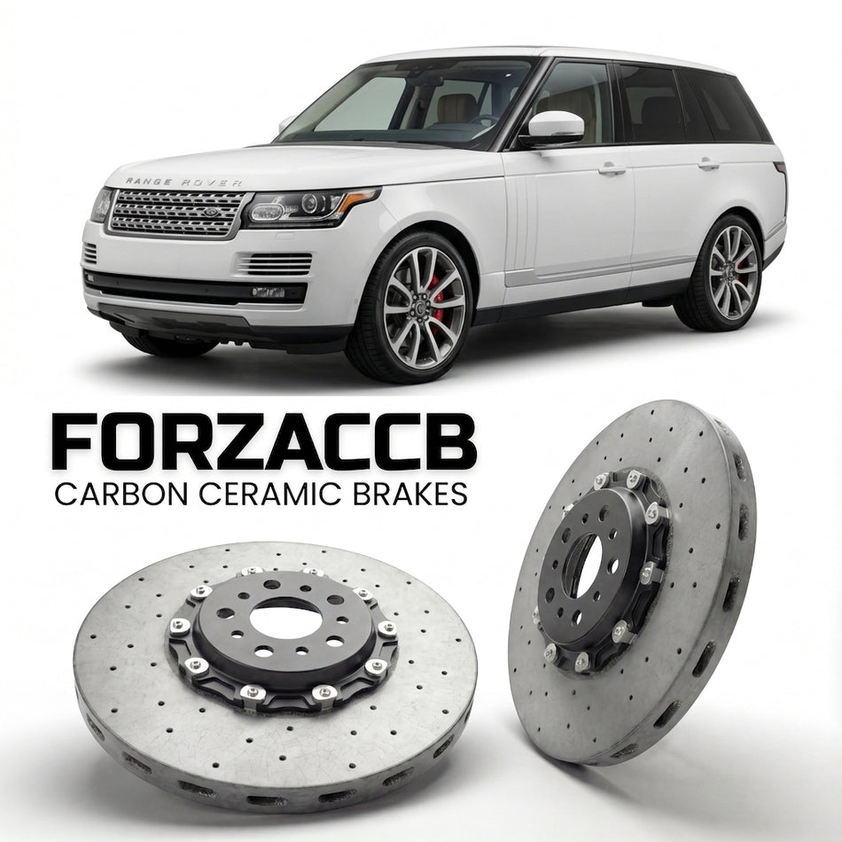 ForzaCCB direct OEM replacement carbon ceramic brake rotors for 2012 to 2017 Land Rover Range Rover IV models, shown with a white Land Rover Range Rover car.