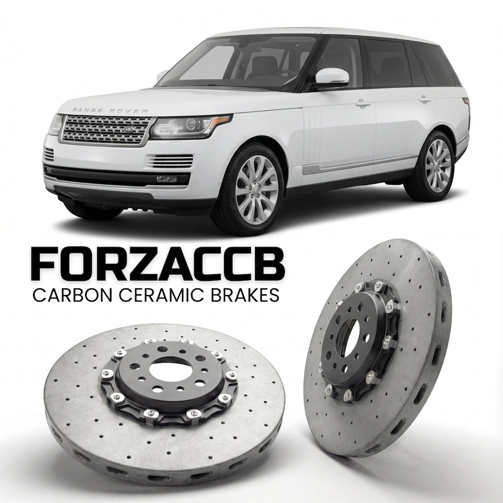 ForzaCCB direct OEM replacement carbon ceramic brake rotors for 2014 to 2017 Land Rover Range Rover IV Long models, shown with a white Land Rover Range Rover car.