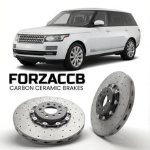 ForzaCCB direct OEM replacement carbon ceramic brake rotors for 2014 to 2017 Land Rover Range Rover IV Long models, shown with a white Land Rover Range Rover car.