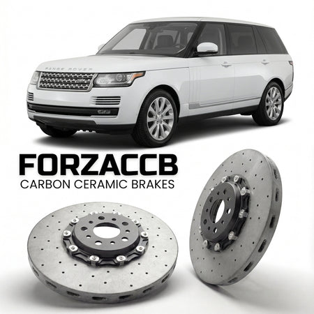 ForzaCCB direct OEM replacement carbon ceramic brake rotors for 2014 to 2017 Land Rover Range Rover IV Long models, shown with a white Land Rover Range Rover car.