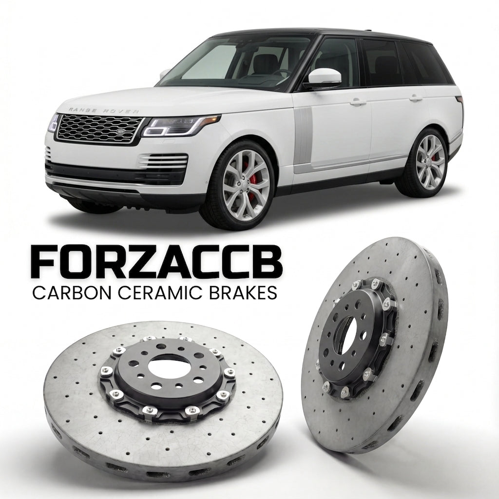 ForzaCCB direct OEM replacement carbon ceramic brake rotors for 2017-2021) Land Rover Range Rover IV (facelift 2017 models, shown with a white Land Rover Range Rover car.