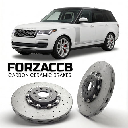 ForzaCCB direct OEM replacement carbon ceramic brake rotors for 2017-2021) Land Rover Range Rover IV (facelift 2017 models, shown with a white Land Rover Range Rover car.