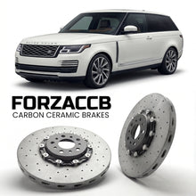 ForzaCCB direct OEM replacement carbon ceramic brake rotors for 2018 to 2019 Land Rover Range Rover SV coupe models, shown with a white Land Rover Range Rover car.