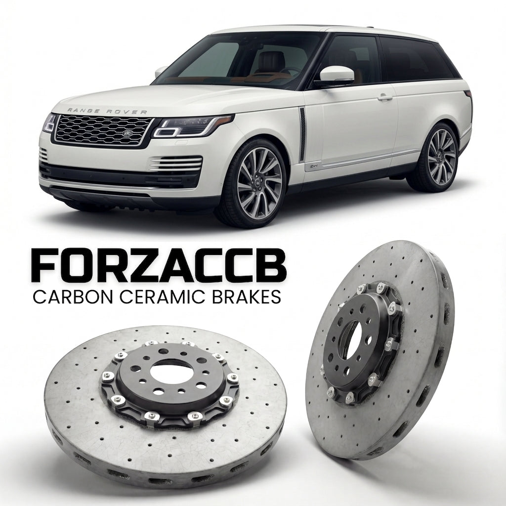 ForzaCCB direct OEM replacement carbon ceramic brake rotors for 2018 to 2019 Land Rover Range Rover SV coupe models, shown with a white Land Rover Range Rover car.