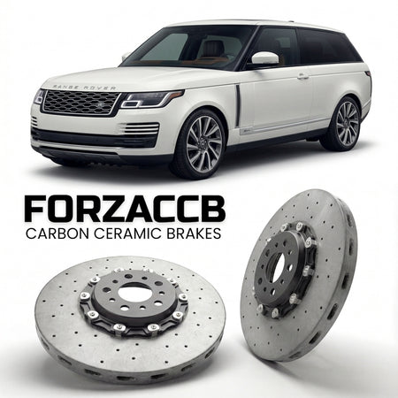 ForzaCCB direct OEM replacement carbon ceramic brake rotors for 2018 to 2019 Land Rover Range Rover SV coupe models, shown with a white Land Rover Range Rover car.