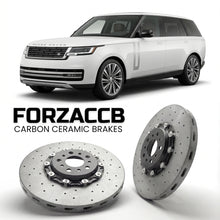 ForzaCCB direct OEM replacement carbon ceramic brake rotors for 2021 and newer Land Rover Range Rover V LWB models, shown with a white Land Rover Range Rover car.