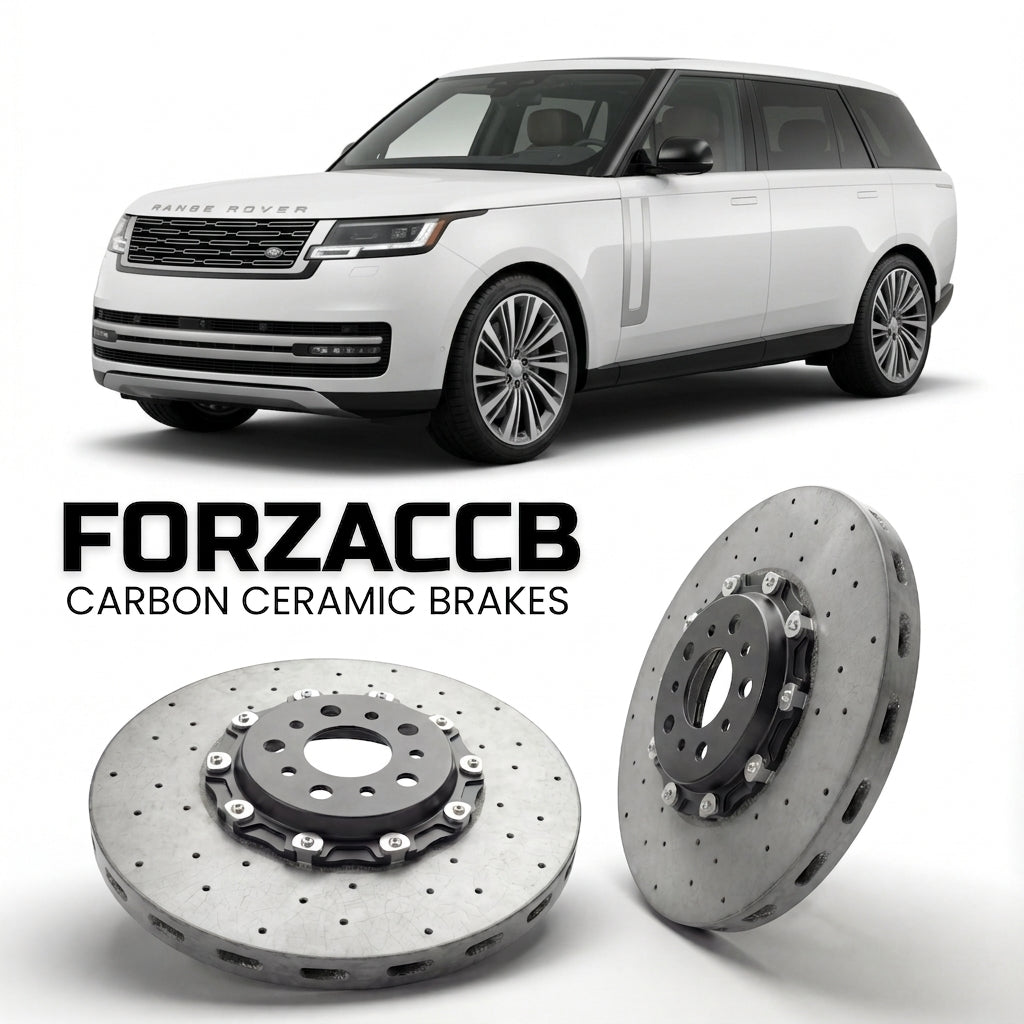 ForzaCCB direct OEM replacement carbon ceramic brake rotors for 2021 and newer Land Rover Range Rover V LWB models, shown with a white Land Rover Range Rover car.
