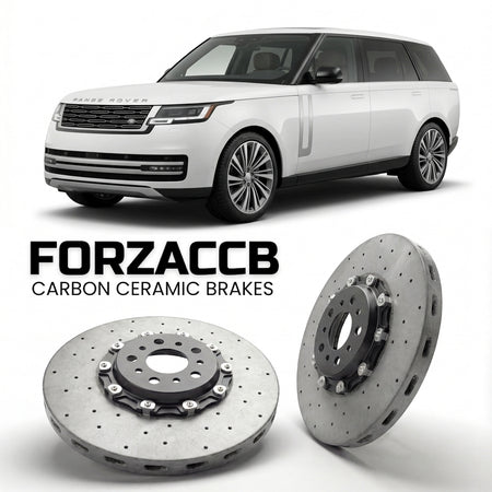 ForzaCCB direct OEM replacement carbon ceramic brake rotors for 2021 and newer Land Rover Range Rover V LWB models, shown with a white Land Rover Range Rover car.