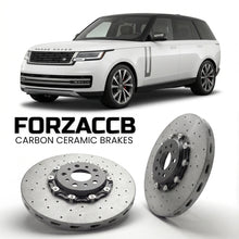 ForzaCCB direct OEM replacement carbon ceramic brake rotors for 2021 and newer Land Rover Range Rover V SWB models, shown with a white Land Rover Range Rover car.