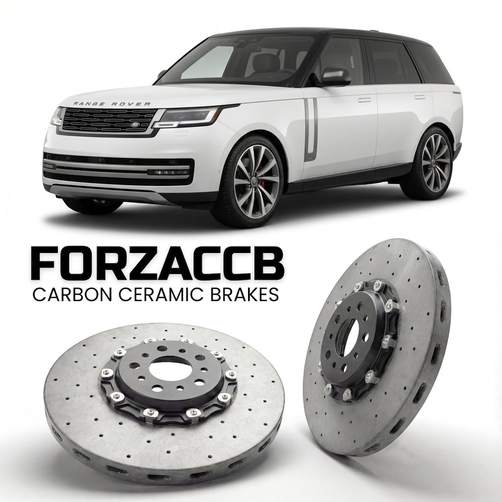ForzaCCB direct OEM replacement carbon ceramic brake rotors for 2021 and newer Land Rover Range Rover V SWB models, shown with a white Land Rover Range Rover car.